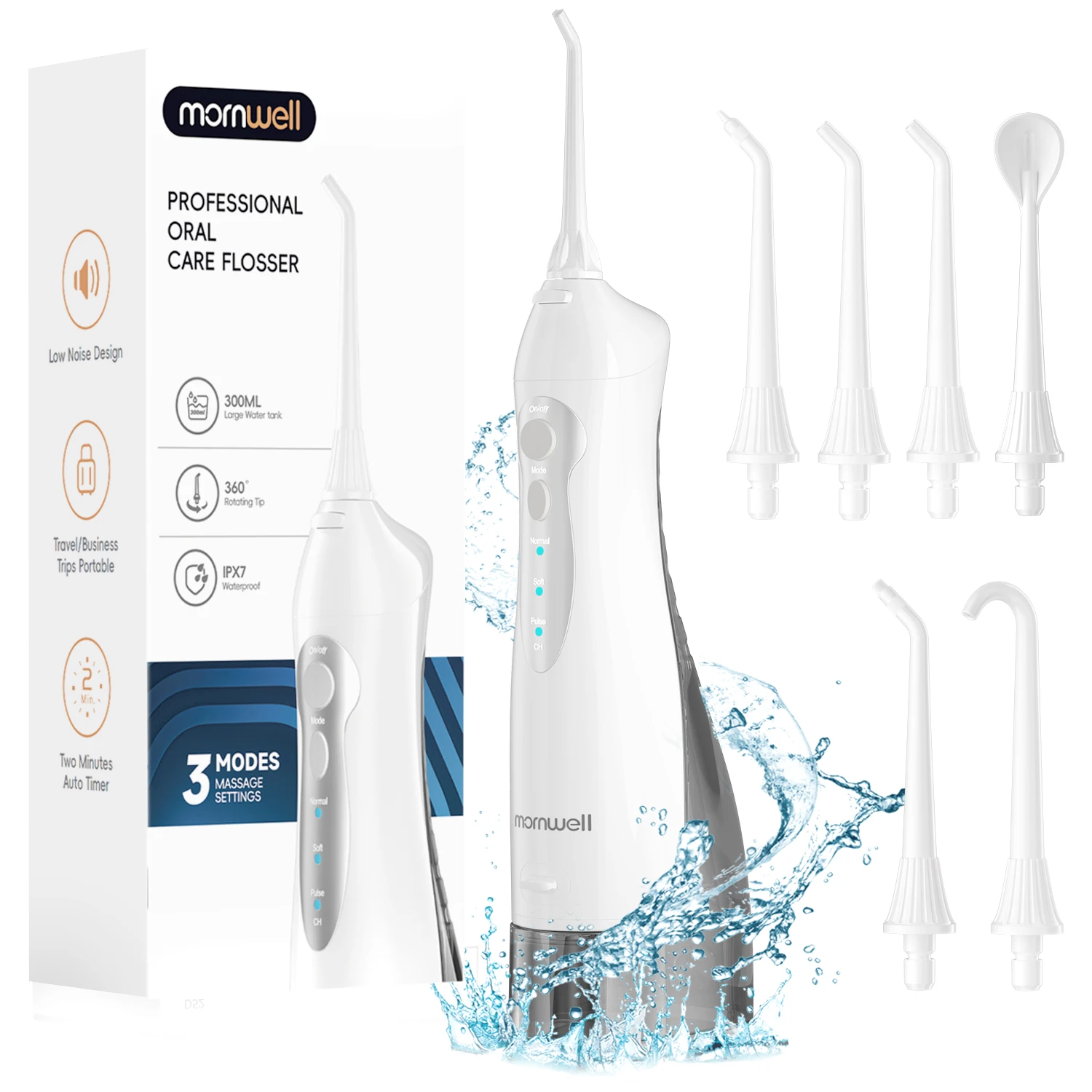 D52 휴대용 무선 구강세정기 (USB 충전, 300ml, 3모드, 6개 제트팁)