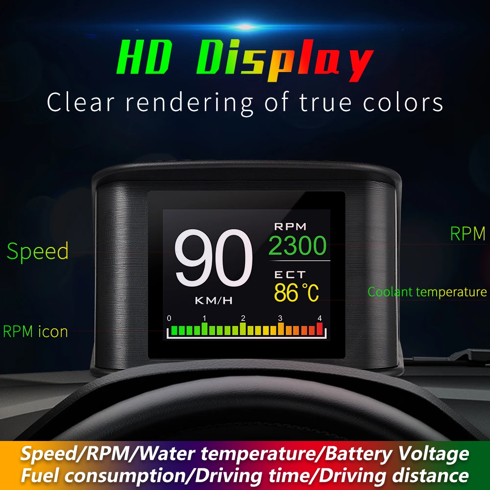 P10 OBD2 스마트 자동차 헤드업 디스플레이 (HUD) - 속도, RPM, 전압, 오일 압력, 냉각수 온도 표시