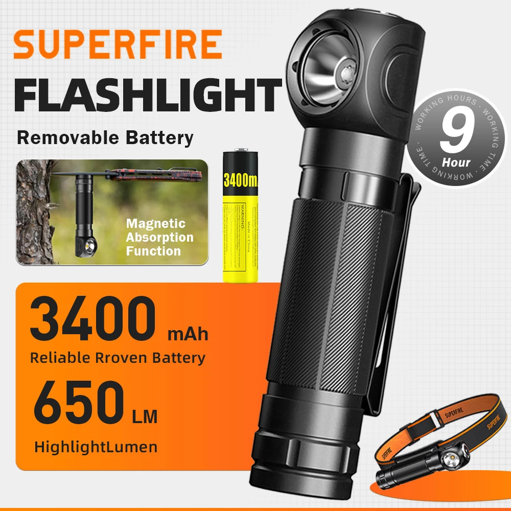 SUPERFIRE TH04 LED 충전식 헤드램프 (18650 배터리, 650루멘, 자석 테일, C타입 충전)