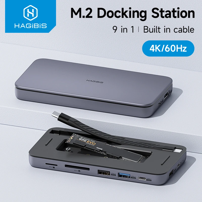 Hagibis 9-in-1 USB-C 허브 (M.2 NVMe/SATA SSD 인클로저, 4K HDMI, 100W PD, USB 3.1 지원)