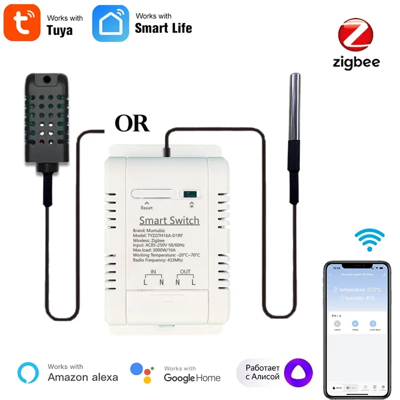 Mumubiz Tuya Zigbee 스마트 스위치 (온도/습도 센서 및 온도 조절 기능, 16A/3000W, TH16)