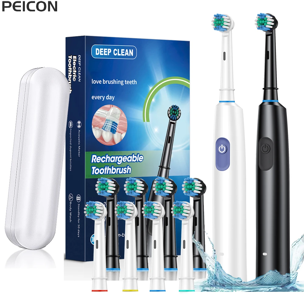Peicon 성인용 회전식 충전 전동 칫솔 (브러시 헤드 8개 포함)