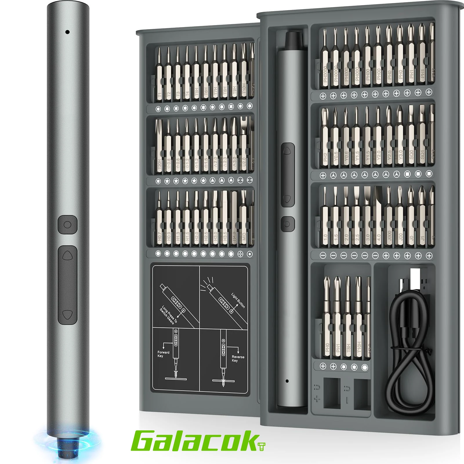 Galacok 75 in 1 정밀 전동 드라이버 세트 (64종 비트, LED 조명, USB-C 충전)
