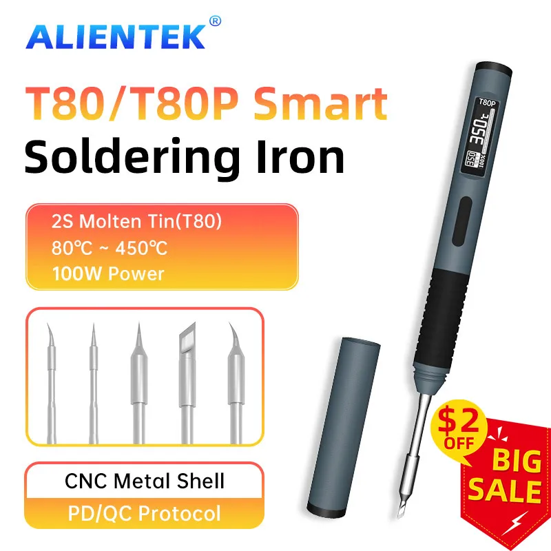 ALIENTEK T80/T80P 스마트 납땜 인두 (PD 65W, 온도 조절, 휴대용, C245 팁 호환)