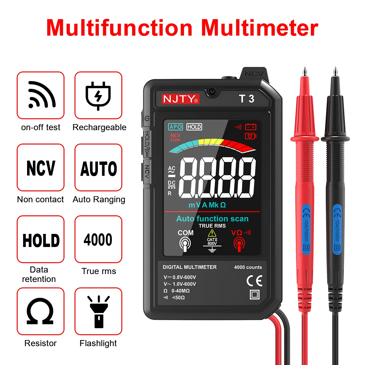 NJTY T3 미니 스마트 디지털 멀티미터 (컬러 스크린, USB 충전식)