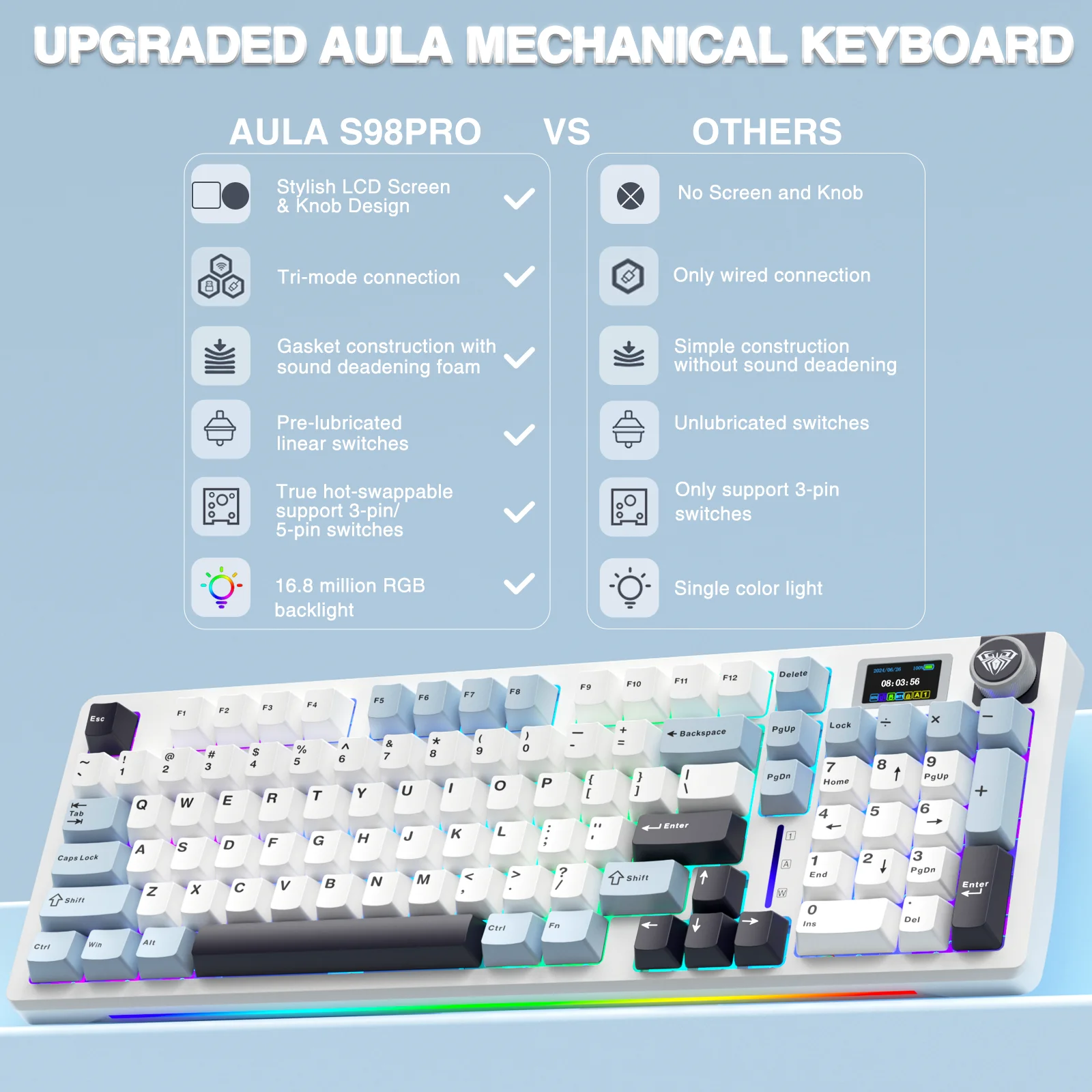 AULA S98 Pro 무선 핫스왑 가스켓 기계식 키보드 (TFT 스크린, 다기능 노브)