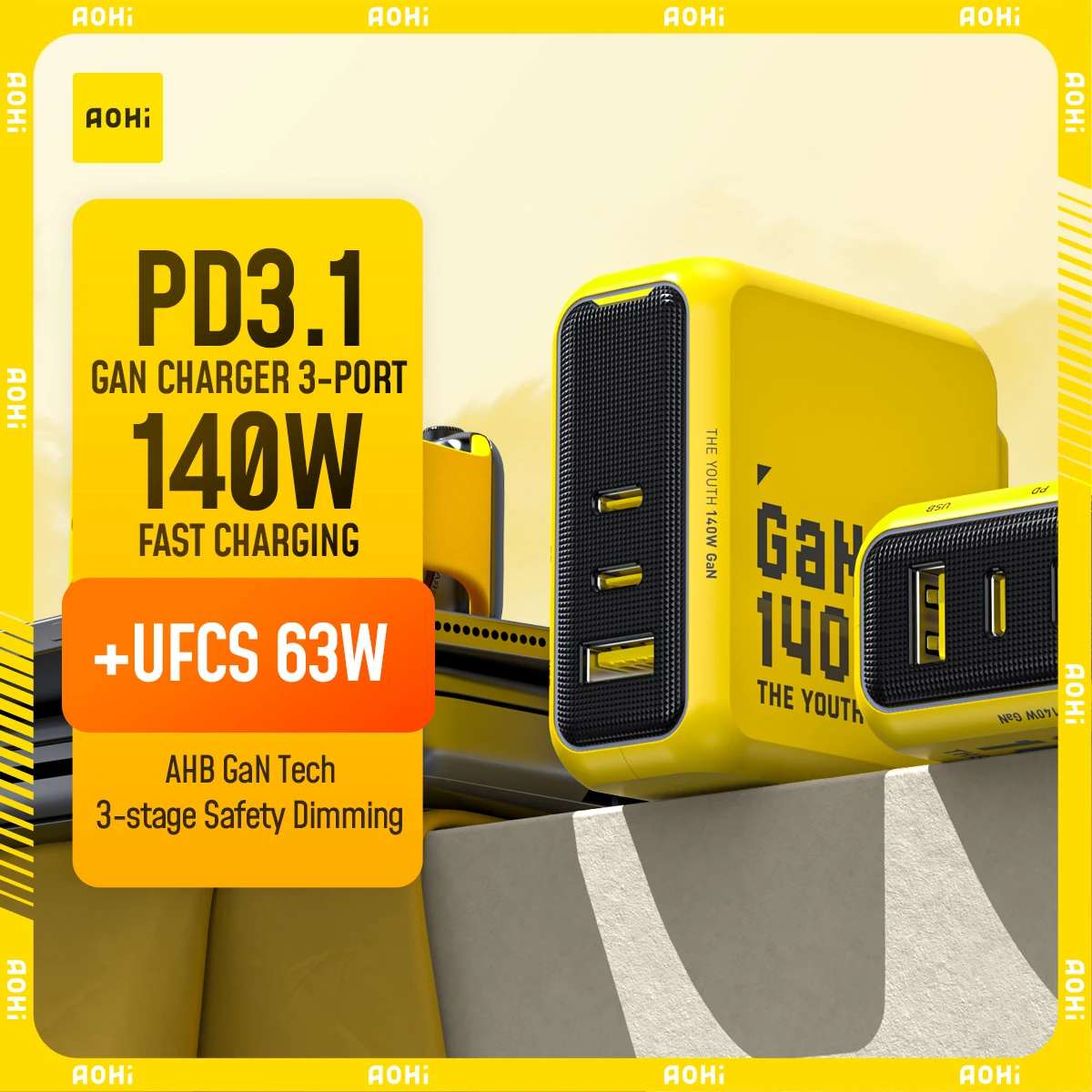 AOHI 유스 140W GaN PD3.1 3포트 USB-C 고속 충전기
