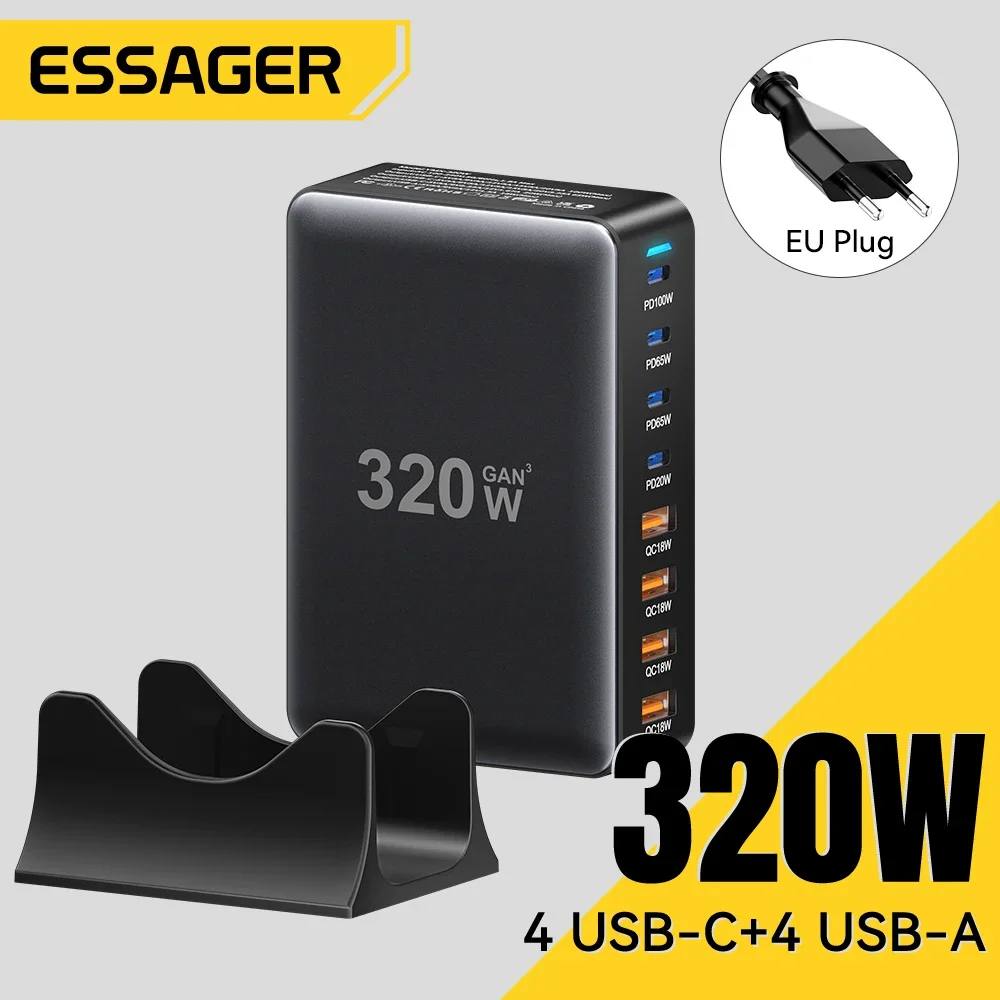 에사저 320W GaN 8포트 USB-C 데스크탑 충전 스테이션 (PD 100W 고속 충전 지원)
