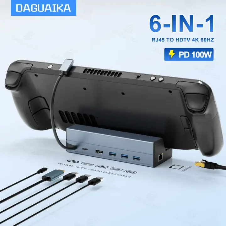 스팀 덱/로그 앨리 6-in-1 도킹 스테이션 허브 (4K@60Hz HDMI, 기가비트 이더넷, 100W PD, USB 3.0)