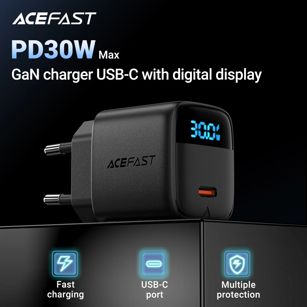 ACEFAST GaN PD30W USB-C 고속 벽 충전기 (EU 플러그, LED 디스플레이)