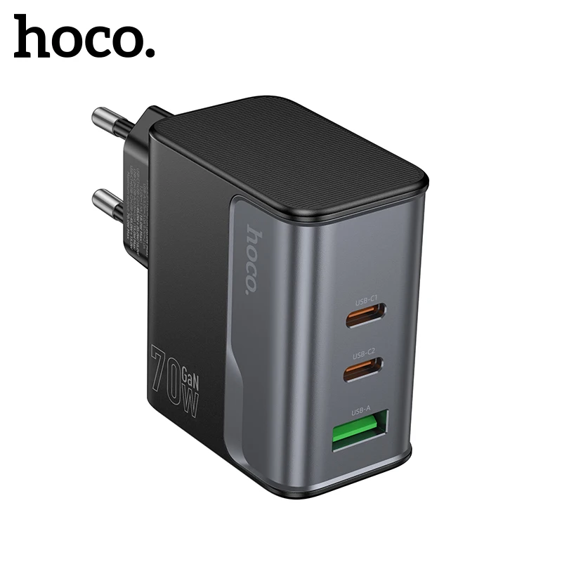 HOCO GaN 70W 듀얼 USB-C PD/QC 고속 벽면 충전 어댑터 (EU 플러그)