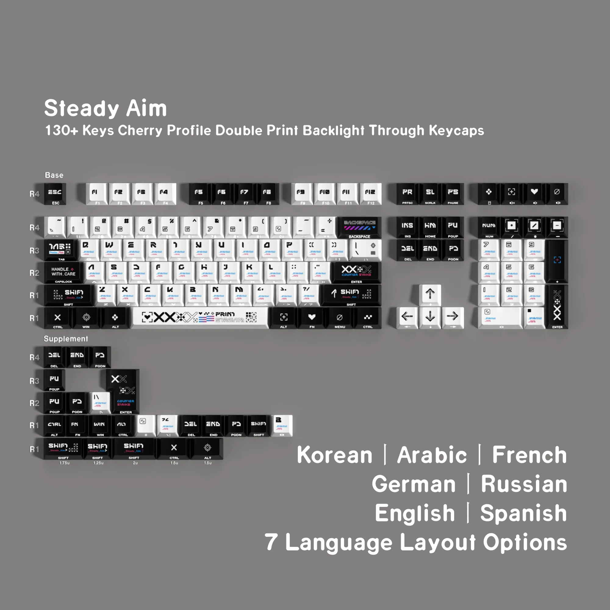 PBT 체리 프로파일 ISO 한국어 각인 키캡 세트 (측면 백라이트, 블랙/화이트)