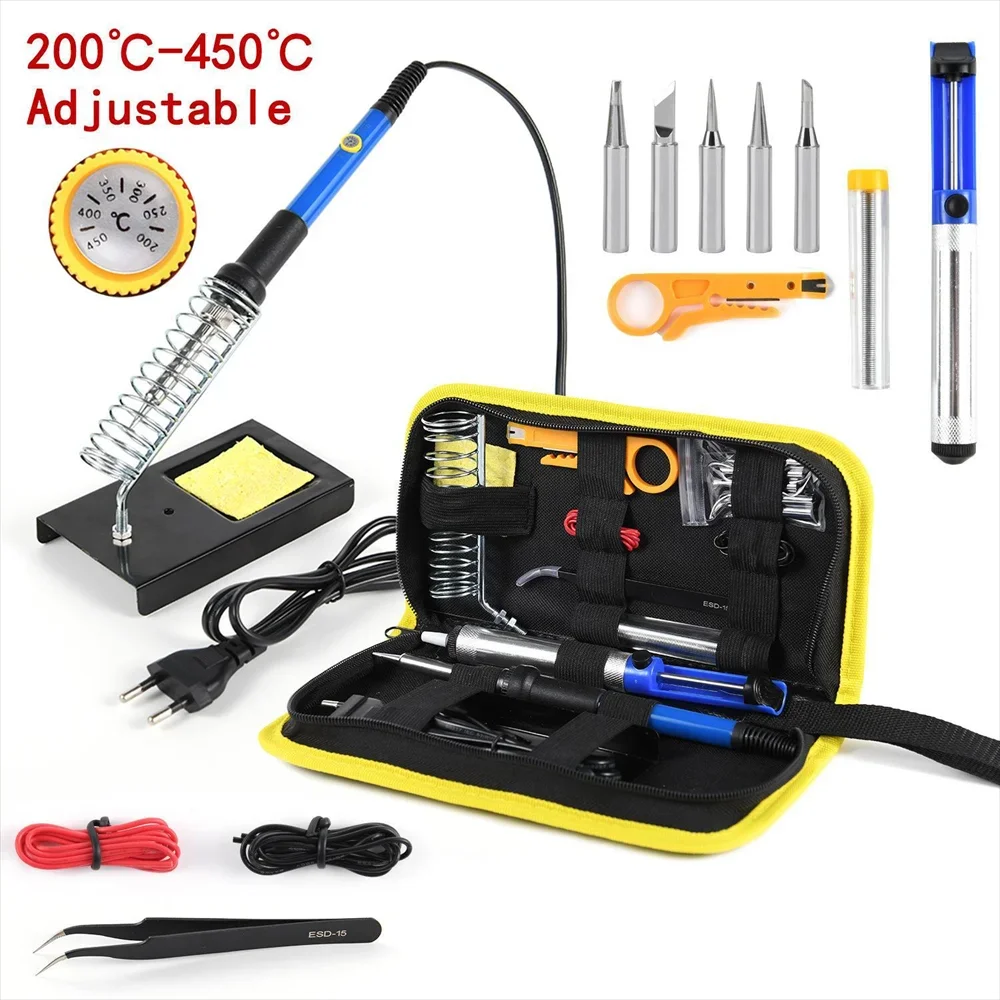220V 60W 온도 조절 납땜 인두 15종 키트 (솔더 흡입기, 주석 와이어, EU 플러그 포함)