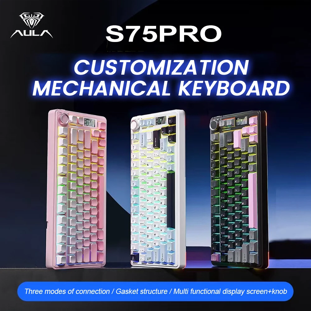 AULA S75 Pro 75% 핫스왑 RGB 무선 게이밍 기계식 키보드 (4000mAh, PBT 키캡, LED 스크린, 노브 포함)