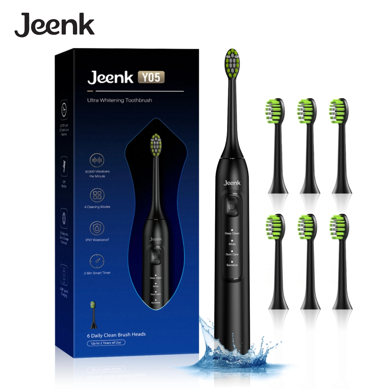 Jeenk JK-Y05 소닉 전동 칫솔 (4가지 모드, USB 충전, 6개 교체 헤드, 스마트 타이머, 방수)