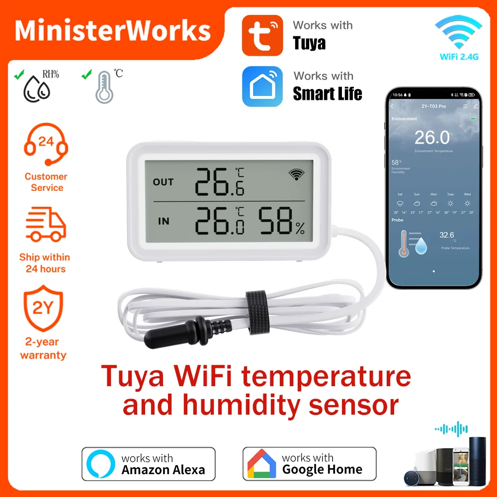 Tuya Wi-Fi 스마트 온도 및 습도 센서 (외부 프로브, LCD 화면)