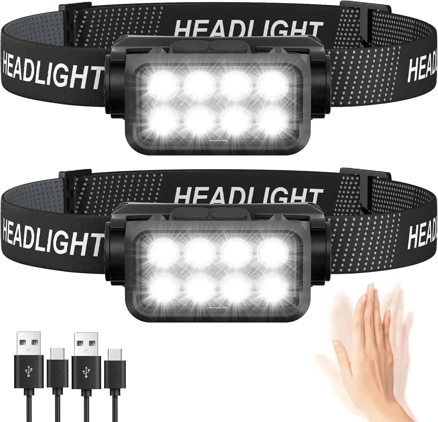 핸즈프리 모션 센서 8 LED 충전식 헤드램프