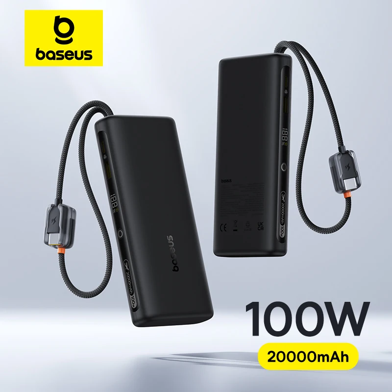 베이스어스 100W 20000mAh 내장형 듀얼 USB-C 케이블 고속충전 디지털 디스플레이 보조배터리