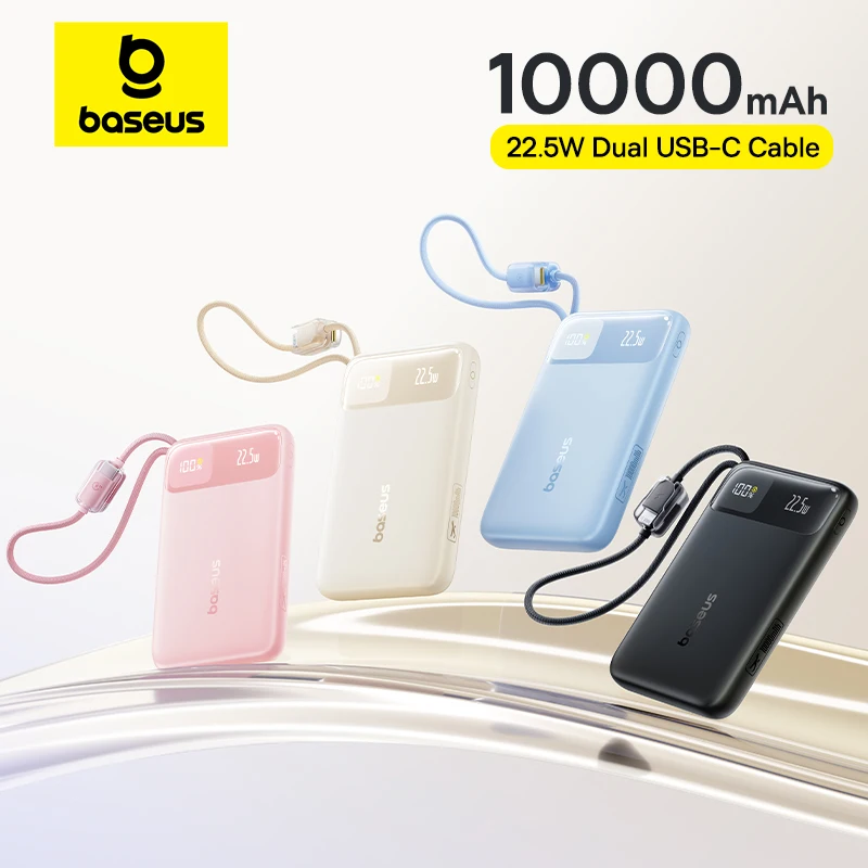 베이스어스 10000mAh 22.5W 내장형 듀얼 USB-C 케이블 슬림 고속충전 파워뱅크