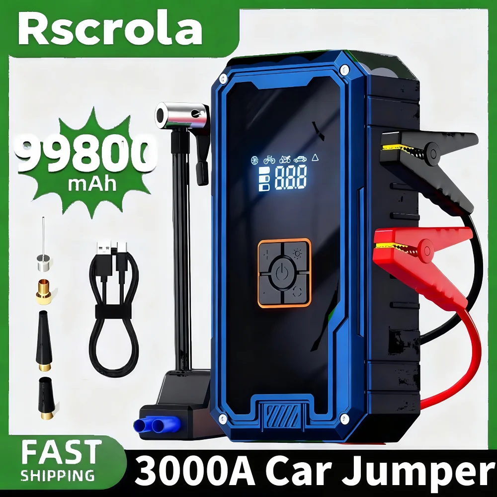 Rscrola 3000A 12V 차량용 점프 스타터 에어 컴프레서 파워뱅크
