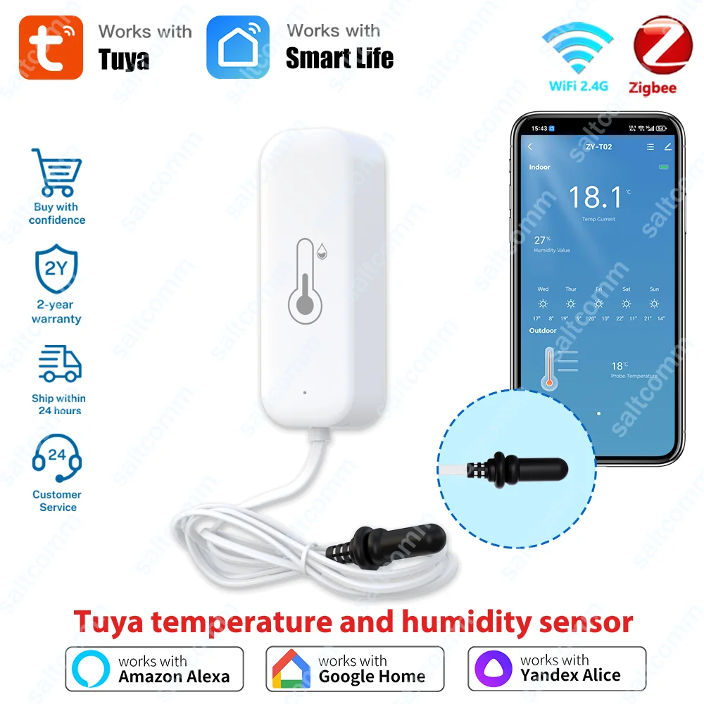 Tuya Zigbee WiFi 온도 및 습도 센서 (외부 프로브, Smart Life/Google Home/Alexa 지원)
