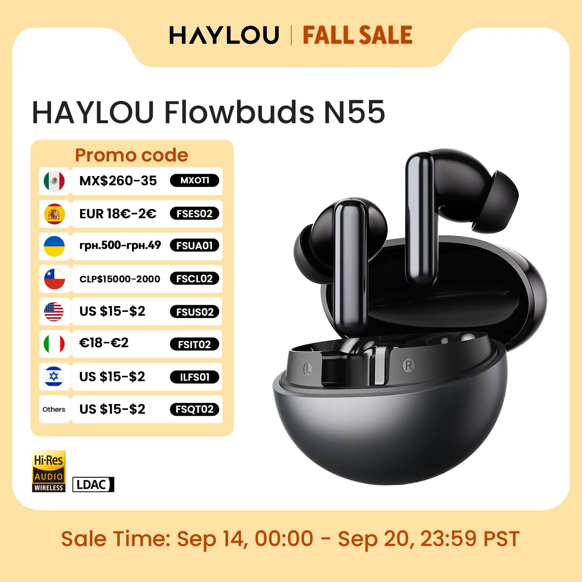 HAYLOU Flowbuds N55 무선 이어버드 (54dB ANC, LDAC)