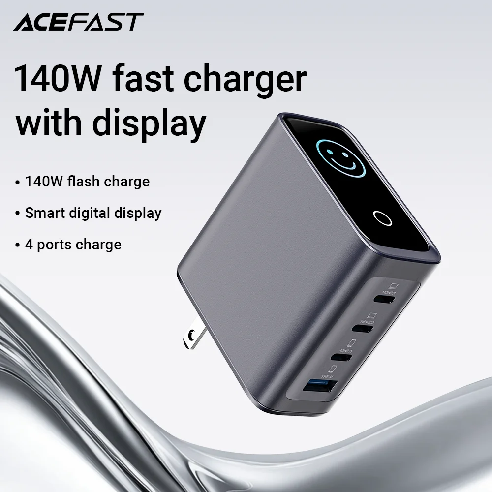 ACEFAST GaN 140W 고속 충전기 (USB-C, USB-A, LED 디스플레이, US 플러그)