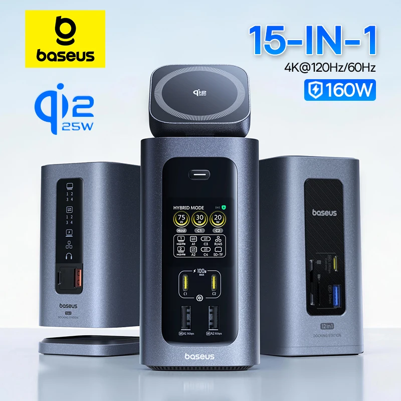 베이스어스 160W 15-in-1 USB-C 도킹 스테이션 허브 (2x HDMI 4K@120Hz/60Hz, Qi2.2 25W 무선 충전, 180W GaN 어댑터 포함)