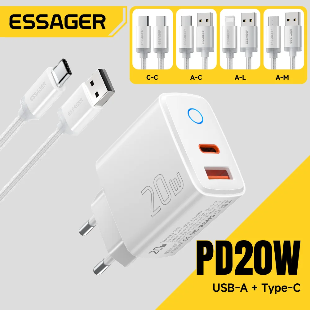 ESSAGER PD 20W USB-C 고속 충전기 (퀵차지 4.0/3.0 지원, 아이폰 호환)